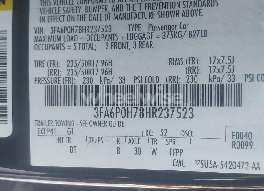 Photo 9 of 2017 Ford Fusion SE (VIN 3FA6P0H78HR237523)