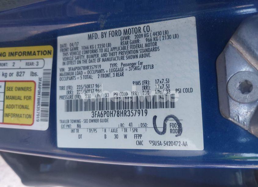 Photo 9 of 2017 Ford Fusion SE (VIN 3FA6P0H78HR357919)