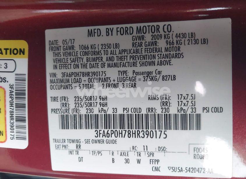 Photo 9 of 2017 Ford Fusion SE (VIN 3FA6P0H78HR390175)