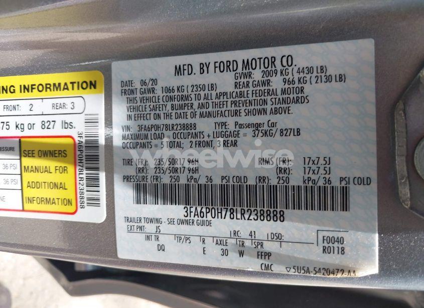 Photo 9 of 2020 Ford Fusion SE (VIN 3FA6P0H78LR238888)