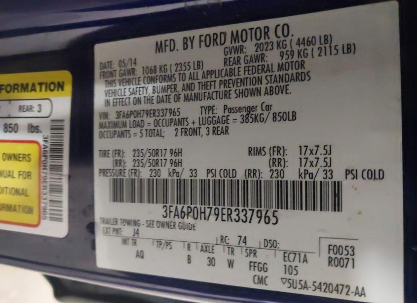Photo 9 of 2014 Ford Fusion SE (VIN 3FA6P0H79ER337965)