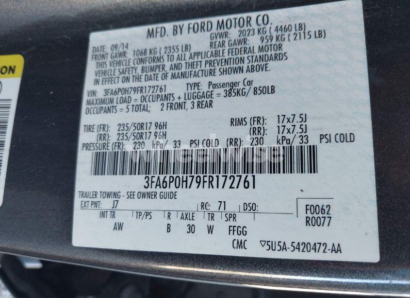 Photo 9 of 2015 Ford Fusion SE (VIN 3FA6P0H79FR172761)
