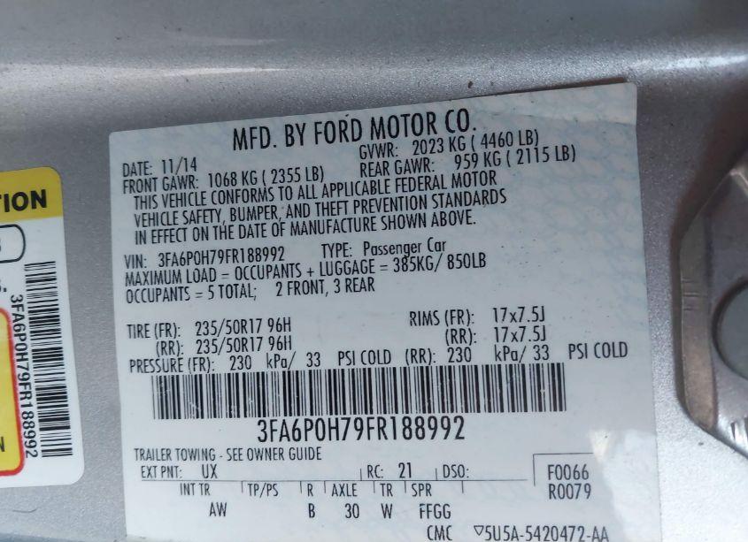 Photo 9 of 2015 Ford Fusion SE (VIN 3FA6P0H79FR188992)