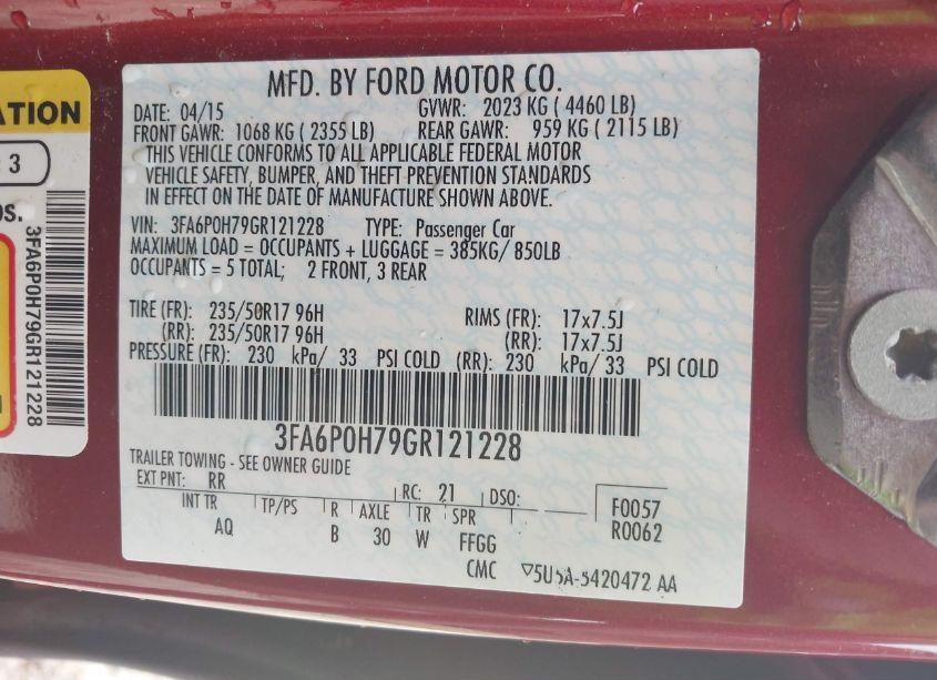 Photo 9 of 2016 Ford Fusion SE (VIN 3FA6P0H79GR121228)