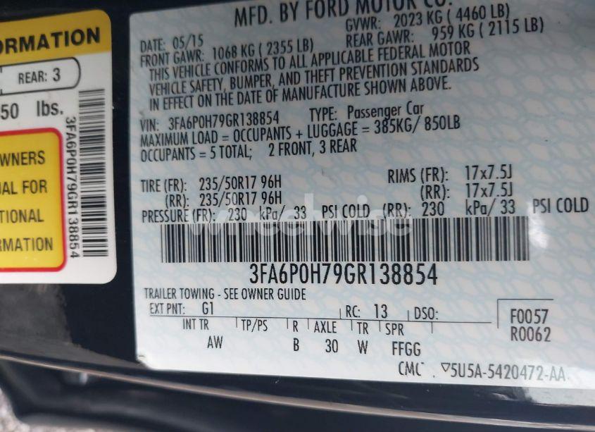 Photo 9 of 2016 Ford Fusion SE (VIN 3FA6P0H79GR138854)