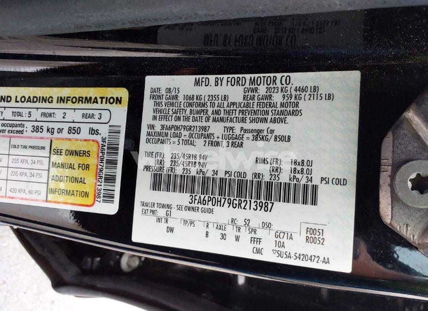 Photo 9 of 2016 Ford Fusion SE (VIN 3FA6P0H79GR213987)