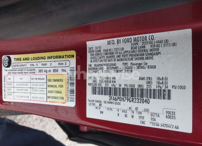 Photo 9 of 2016 Ford Fusion SE (VIN 3FA6P0H79GR232040)