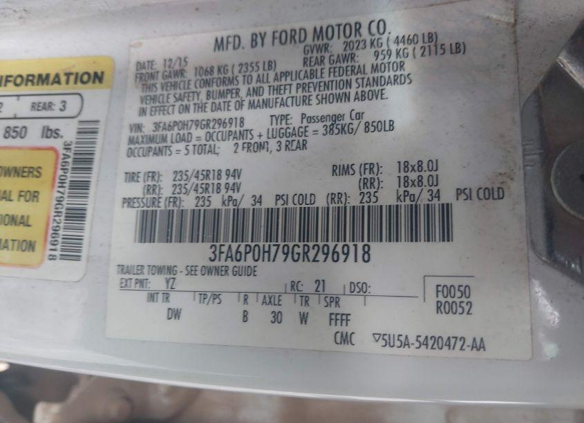 Photo 9 of 2016 Ford Fusion SE (VIN 3FA6P0H79GR296918)