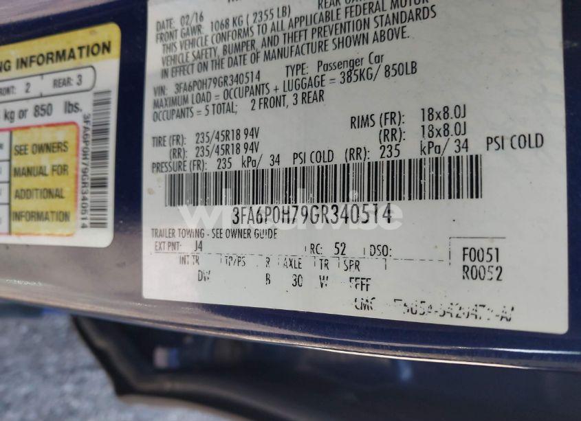 Photo 9 of 2016 Ford Fusion SE (VIN 3FA6P0H79GR340514)