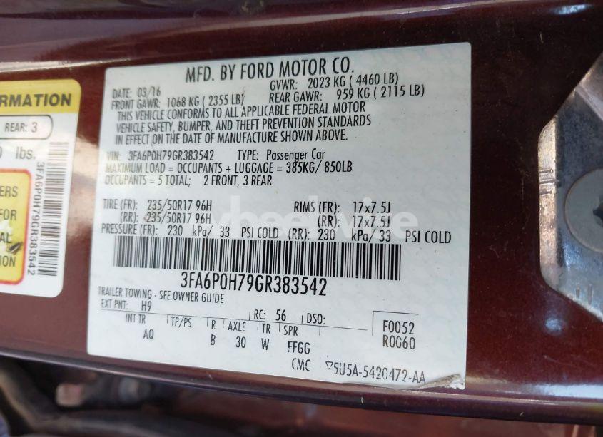 Photo 9 of 2016 Ford Fusion SE (VIN 3FA6P0H79GR383542)