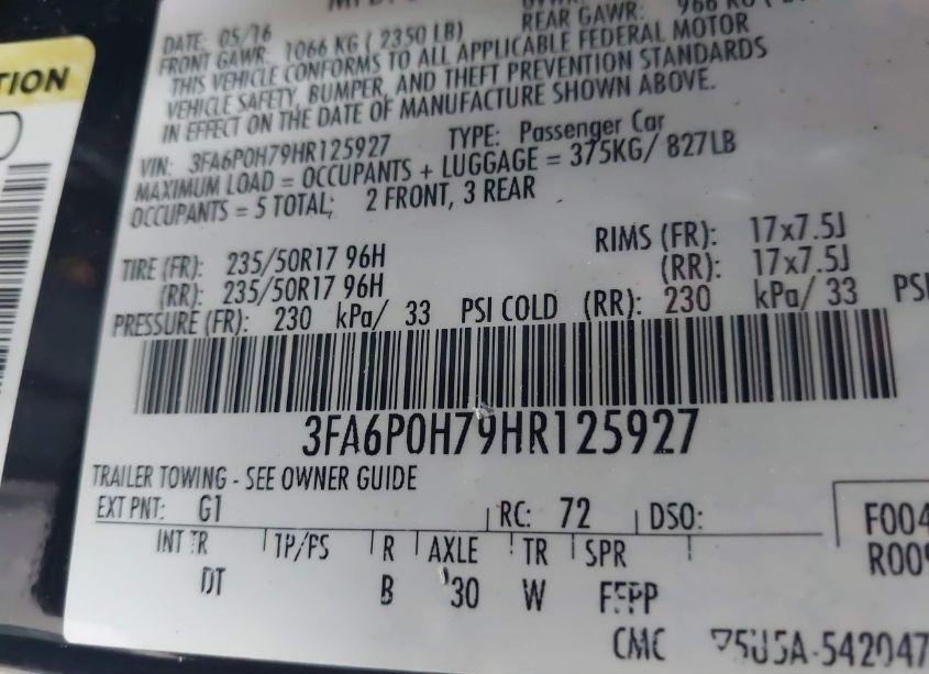 Photo 9 of 2017 Ford Fusion SE (VIN 3FA6P0H79HR125927)