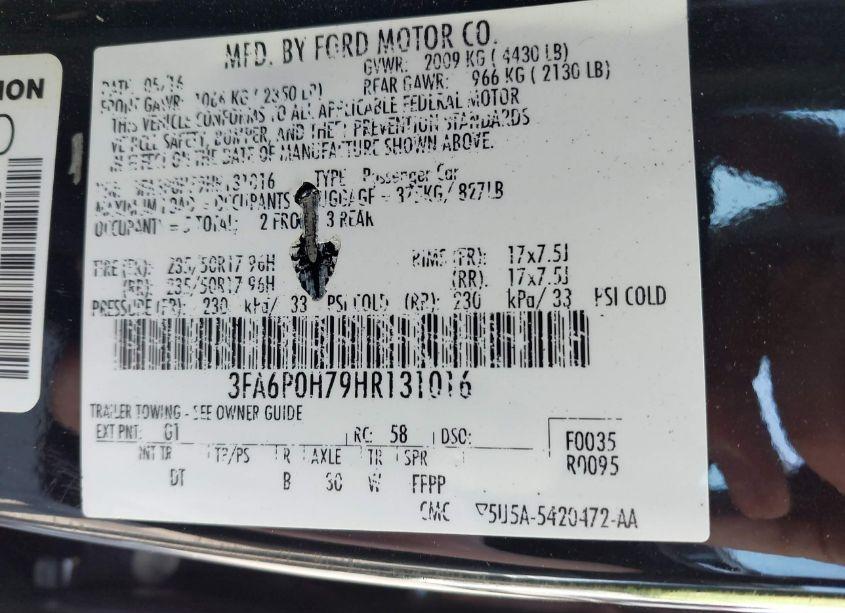 Photo 9 of 2017 Ford Fusion SE (VIN 3FA6P0H79HR131016)