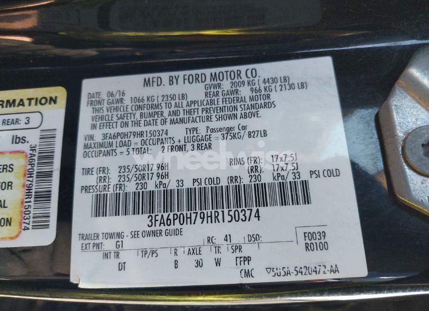 Photo 9 of 2017 Ford Fusion SE (VIN 3FA6P0H79HR150374)