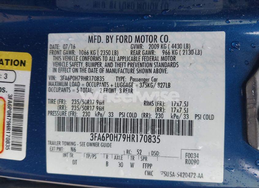 Photo 9 of 2017 Ford Fusion SE (VIN 3FA6P0H79HR170835)