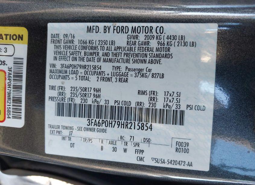 Photo 9 of 2017 Ford Fusion SE (VIN 3FA6P0H79HR215854)