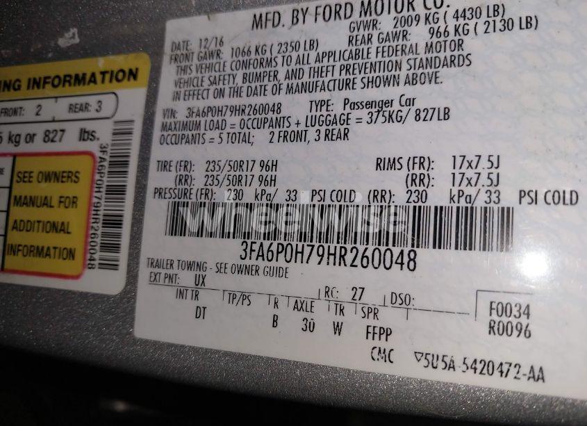 Photo 9 of 2017 Ford Fusion SE (VIN 3FA6P0H79HR260048)