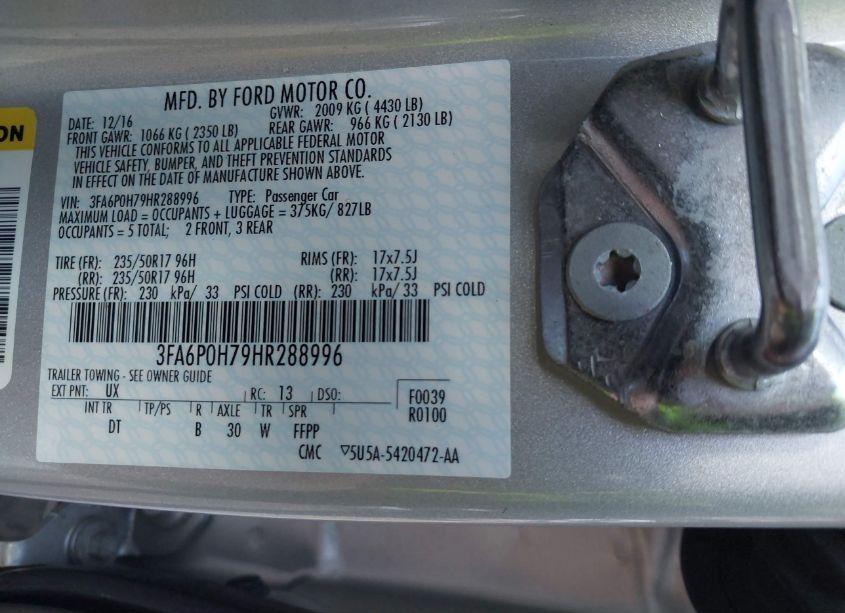 Photo 9 of 2017 Ford Fusion SE (VIN 3FA6P0H79HR288996)