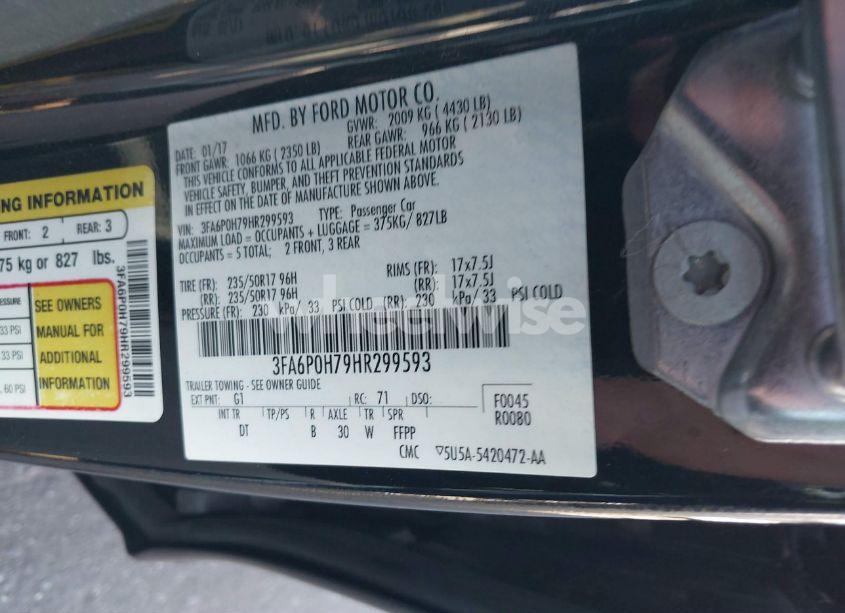 Photo 9 of 2017 Ford Fusion SE (VIN 3FA6P0H79HR299593)