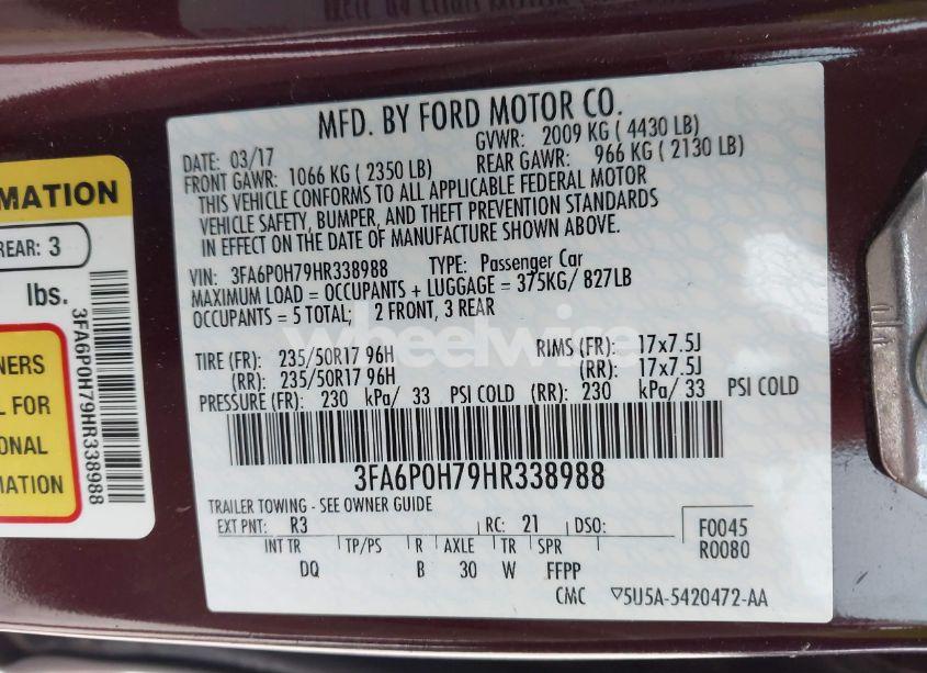 Photo 9 of 2017 Ford Fusion SE (VIN 3FA6P0H79HR338988)