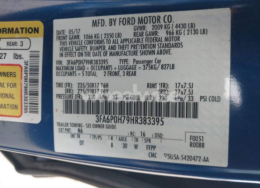 Photo 9 of 2017 Ford Fusion SE (VIN 3FA6P0H79HR383395)