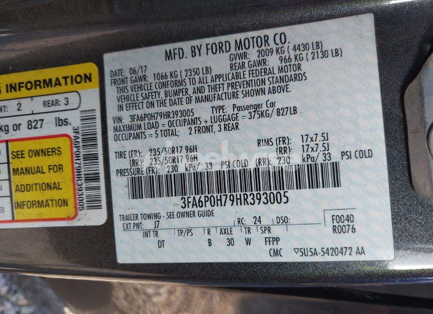 Photo 9 of 2017 Ford Fusion SE (VIN 3FA6P0H79HR393005)