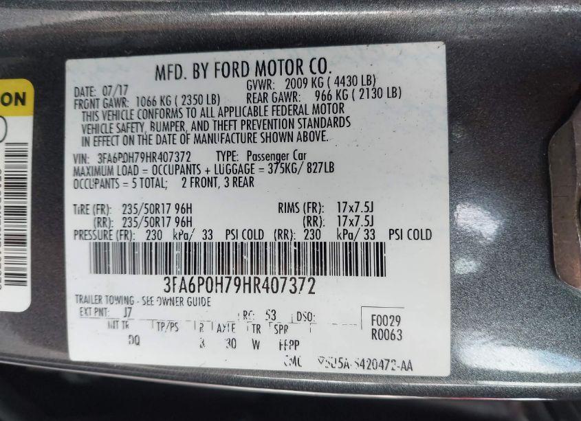 Photo 9 of 2017 Ford Fusion SE (VIN 3FA6P0H79HR407372)