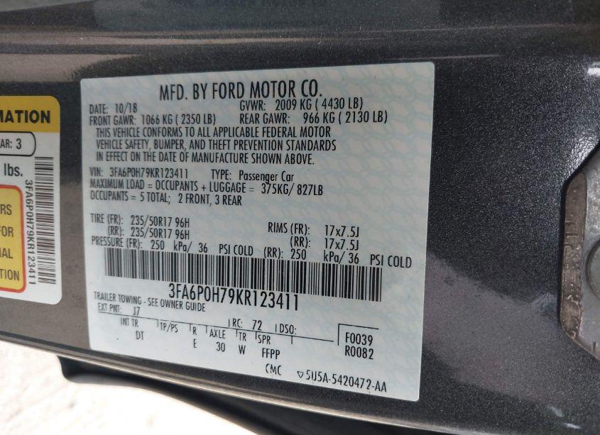 Photo 9 of 2019 Ford Fusion SE (VIN 3FA6P0H79KR123411)