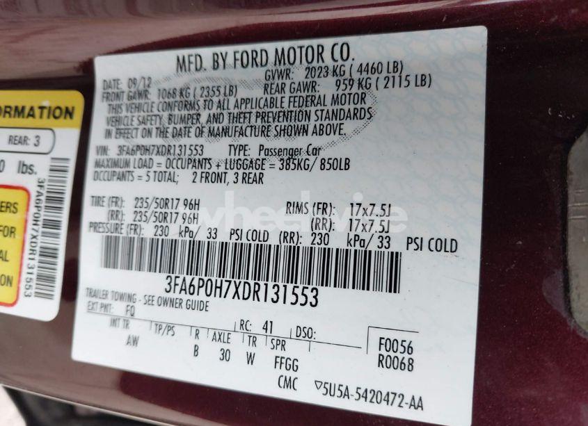 Photo 9 of 2013 Ford Fusion SE (VIN 3FA6P0H7XDR131553)