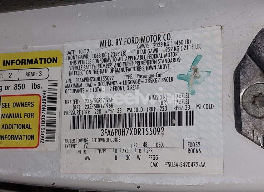 Photo 9 of 2013 Ford Fusion SE (VIN 3FA6P0H7XDR155092)