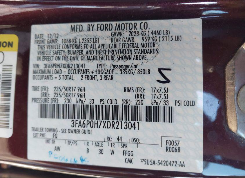 Photo 9 of 2013 Ford Fusion SE (VIN 3FA6P0H7XDR213041)