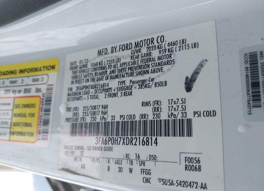 Photo 9 of 2013 Ford Fusion SE (VIN 3FA6P0H7XDR216814)