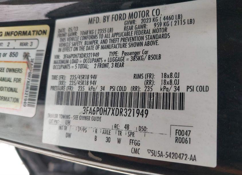 Photo 9 of 2013 Ford Fusion SE (VIN 3FA6P0H7XDR321949)