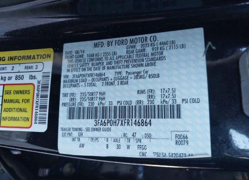 Photo 9 of 2015 Ford Fusion SE (VIN 3FA6P0H7XFR146864)