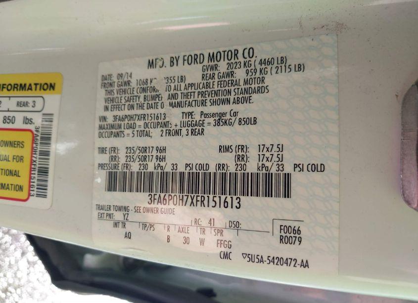 Photo 9 of 2015 Ford Fusion SE (VIN 3FA6P0H7XFR151613)