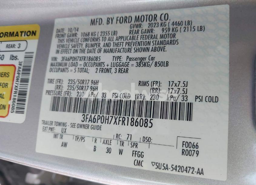 Photo 9 of 2015 Ford Fusion SE (VIN 3FA6P0H7XFR186085)