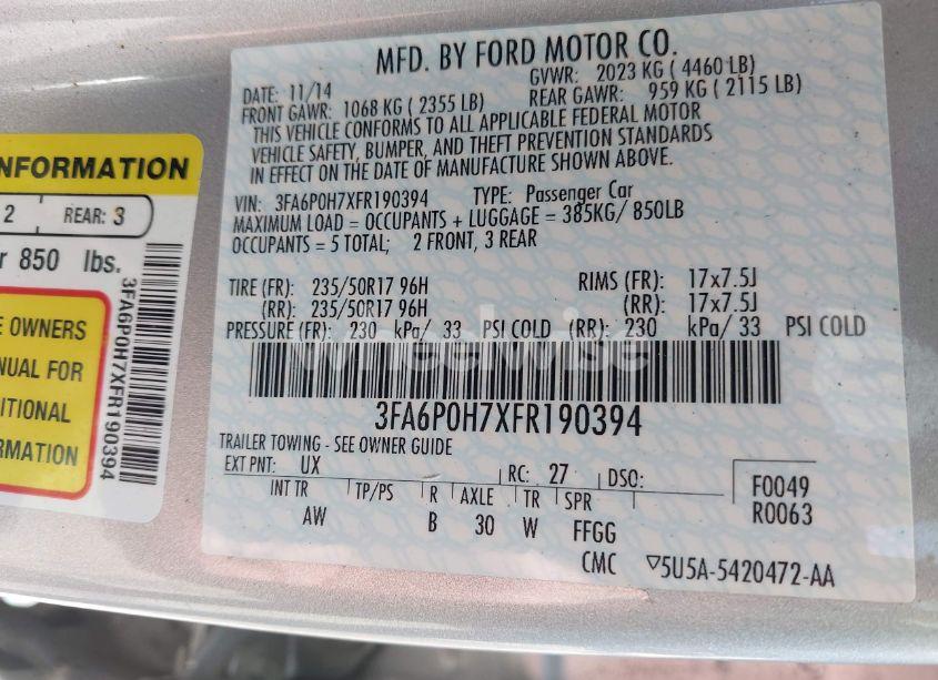 Photo 9 of 2015 Ford Fusion SE (VIN 3FA6P0H7XFR190394)