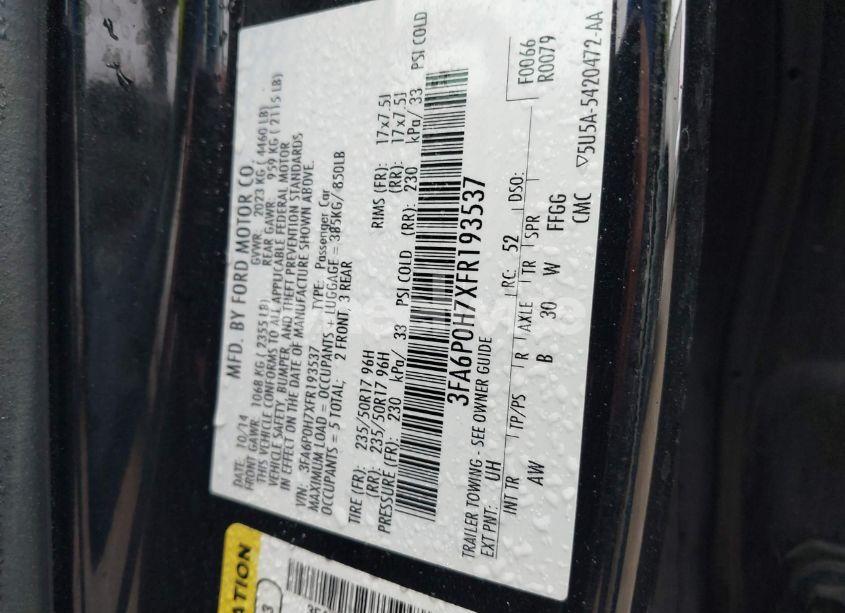 Photo 9 of 2015 Ford Fusion SE (VIN 3FA6P0H7XFR193537)