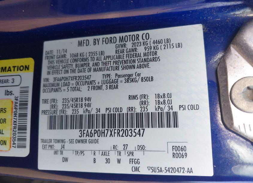 Photo 9 of 2015 Ford Fusion SE (VIN 3FA6P0H7XFR203547)