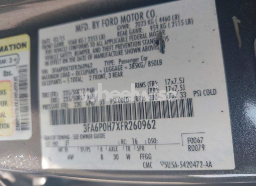 Photo 9 of 2015 Ford Fusion SE (VIN 3FA6P0H7XFR260962)