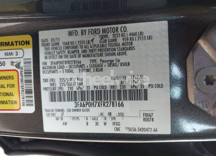 Photo 9 of 2015 Ford Fusion SE (VIN 3FA6P0H7XFR278166)