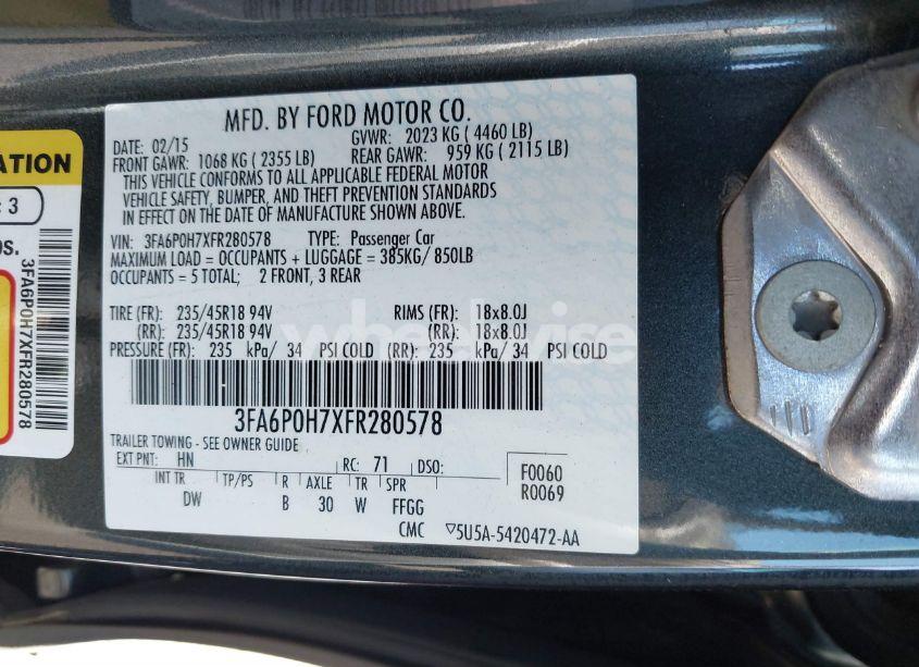 Photo 9 of 2015 Ford Fusion SE (VIN 3FA6P0H7XFR280578)