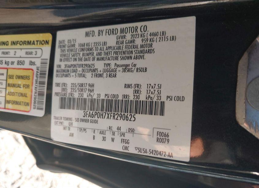 Photo 9 of 2015 Ford Fusion SE (VIN 3FA6P0H7XFR290625)