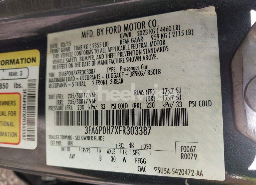 Photo 9 of 2015 Ford Fusion SE (VIN 3FA6P0H7XFR303387)