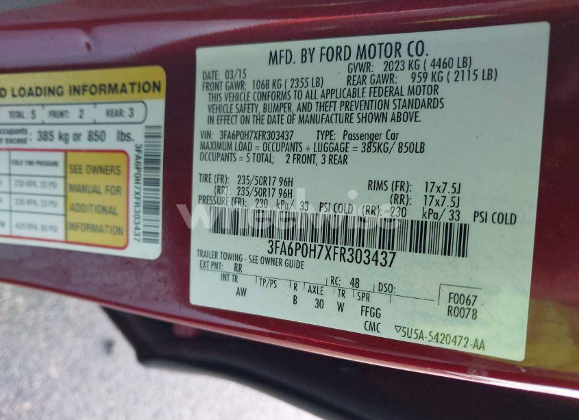 Photo 9 of 2015 Ford Fusion SE (VIN 3FA6P0H7XFR303437)