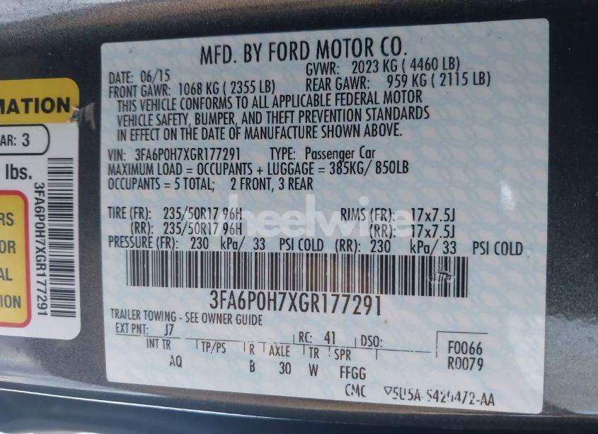Photo 9 of 2016 Ford Fusion SE (VIN 3FA6P0H7XGR177291)