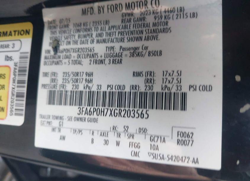 Photo 9 of 2016 Ford Fusion SE (VIN 3FA6P0H7XGR203565)