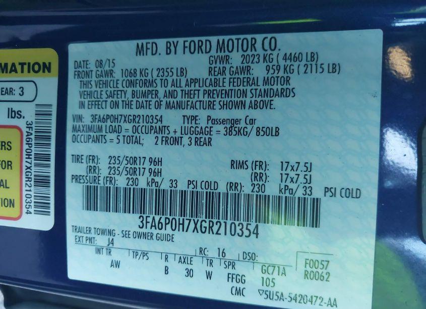 Photo 9 of 2016 Ford Fusion SE (VIN 3FA6P0H7XGR210354)