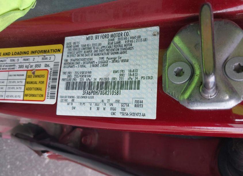 Photo 9 of 2016 Ford Fusion SE (VIN 3FA6P0H7XGR210581)