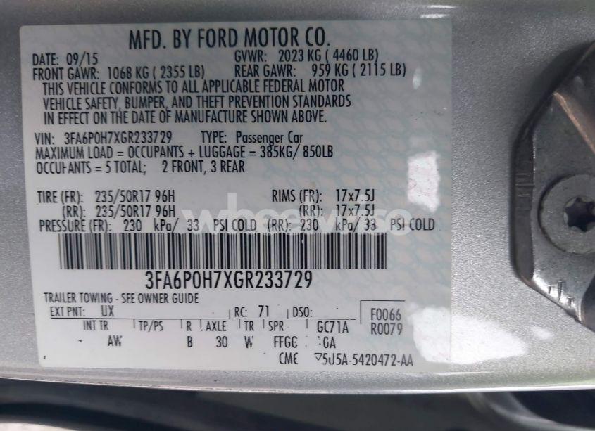 Photo 9 of 2016 Ford Fusion SE (VIN 3FA6P0H7XGR233729)