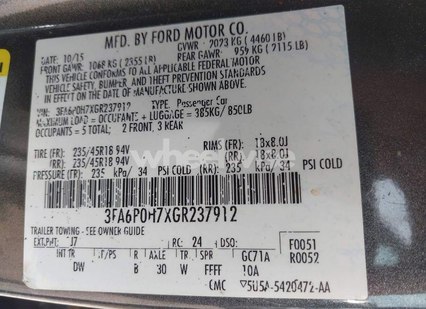 Photo 9 of 2016 Ford Fusion SE (VIN 3FA6P0H7XGR237912)